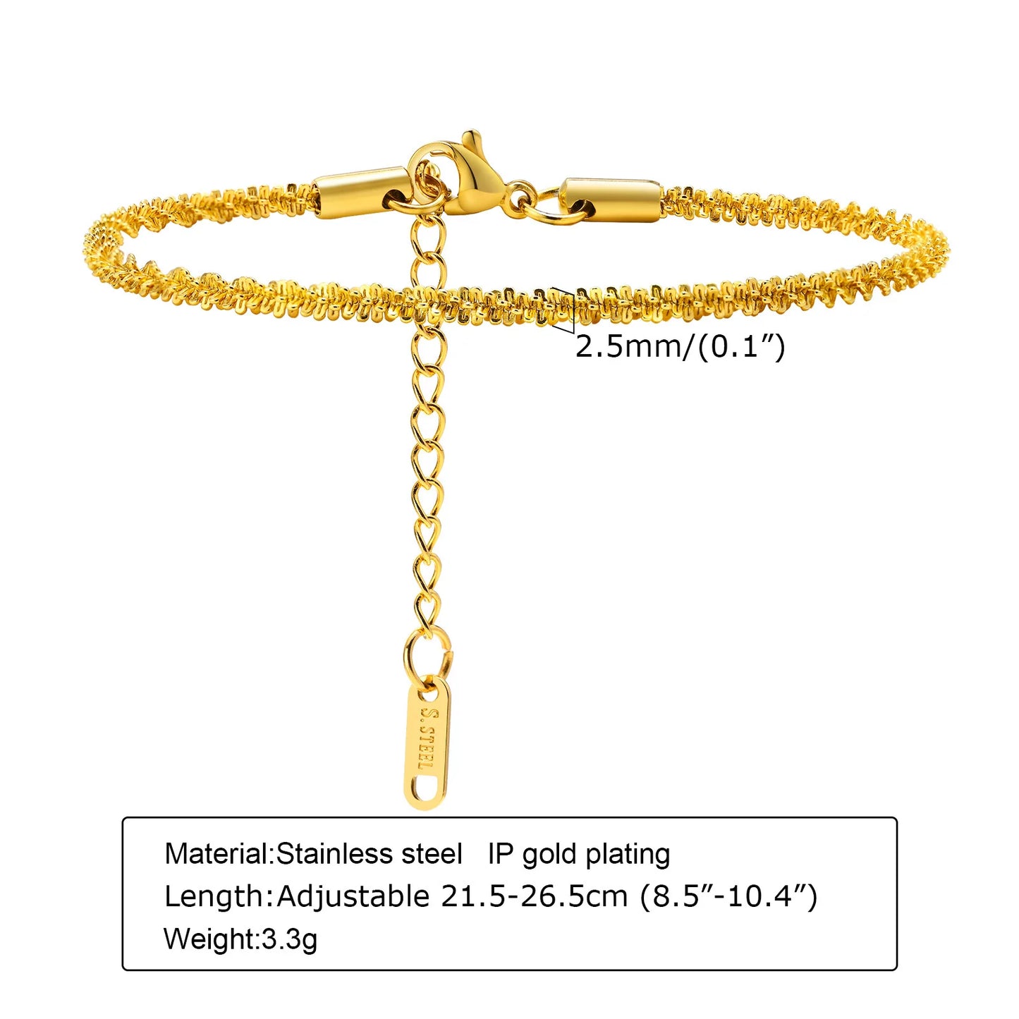 Chic Gypsophila Chain Anklet for Women, New in Gold Color Stainless Steel Shiny Twisted Link Chain with Stamp Adjustable Anklets