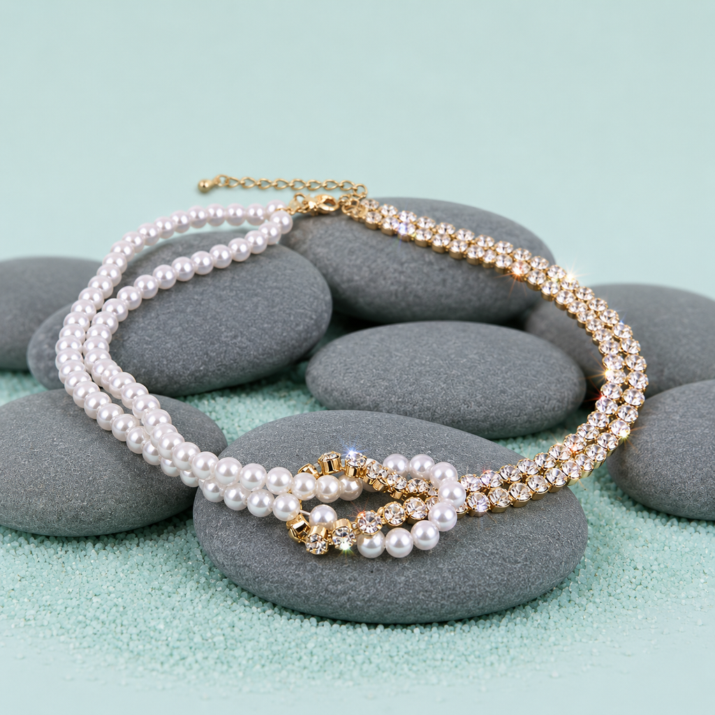 Pearl Crystal Choker Necklaces For Women Short Chain Rhinestone Necklaces Statement Jewelry