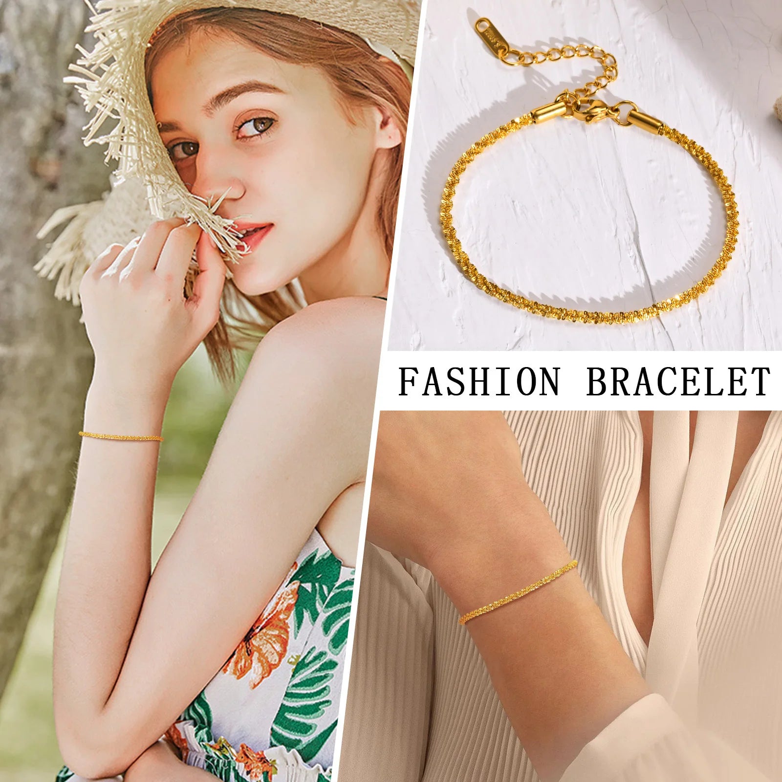 Chic Gypsophila Chain Anklet for Women, New in Gold Color Stainless Steel Shiny Twisted Link Chain with Stamp Adjustable Anklets