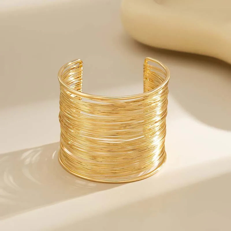 Vintage Gold Color Hyperbolic Layered Wide Wire Bracelet Cuff Bangle for Women Exaggerated Metal Wrist Wrap Bangle Jewelry Gift