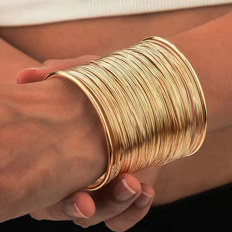 Vintage Gold Color Hyperbolic Layered Wide Wire Bracelet Cuff Bangle for Women Exaggerated Metal Wrist Wrap Bangle Jewelry Gift